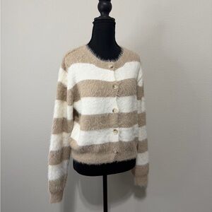 NWT Hem & Thread Fuzzy Beige and Cream Striped Cardigan